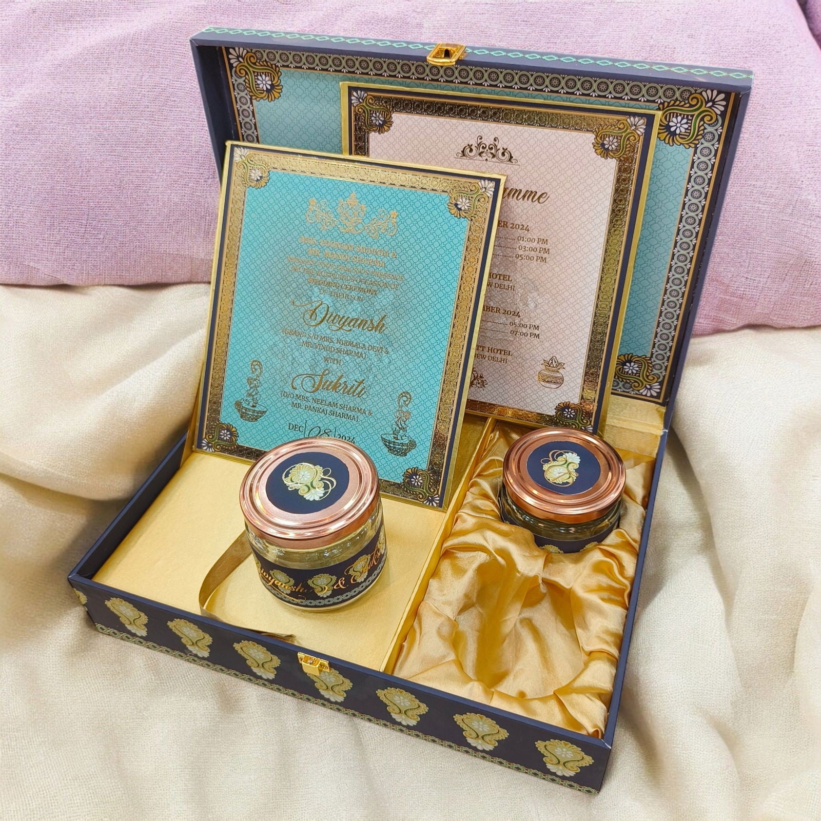 KL2163 Royal Peacock Design MDF Wedding Gift Box with Customisable 2 Gold Foil Printed Cards (2 Jars) - Kalash Cards