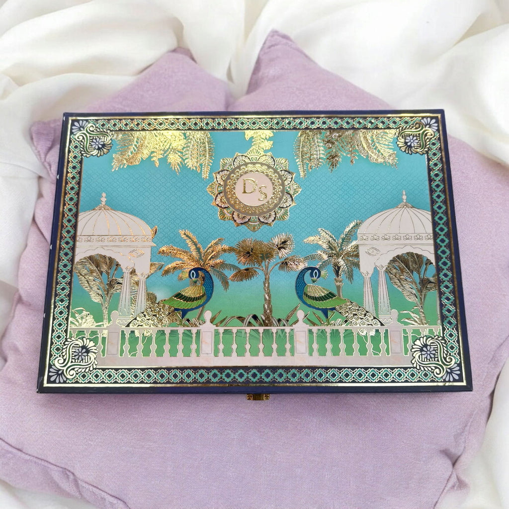 KL2163 Royal Peacock Design MDF Wedding Gift Box with Customisable 2 Gold Foil Printed Cards (2 Jars) - Kalash Cards