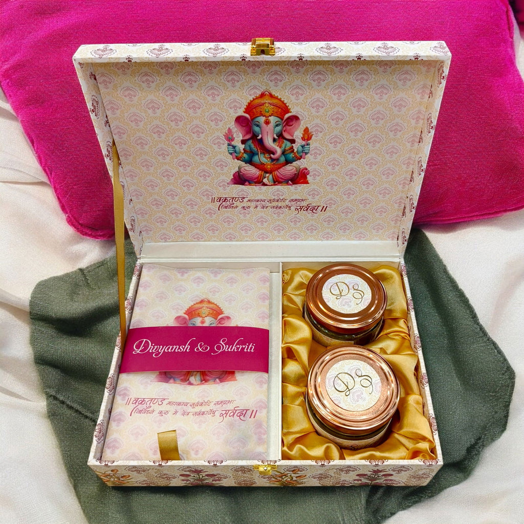 KL2165 Royal Booti Floral Design MDF Wedding Gift Box with Customisable Translucent Cover 2 Gold Foil Printed Cards (2 Jars) - Kalash Cards