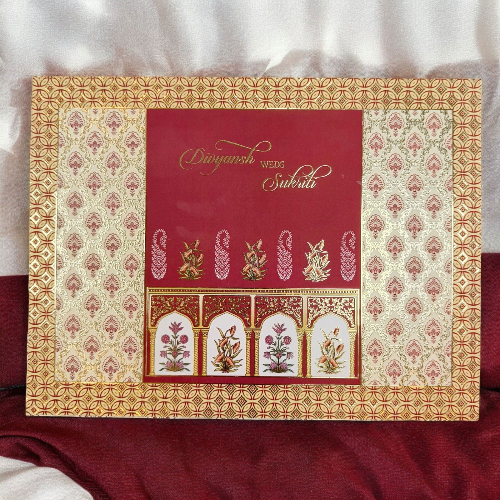 KL2165 Royal Booti Floral Design MDF Wedding Gift Box with Customisable Translucent Cover 2 Gold Foil Printed Cards (2 Jars) - Kalash Cards