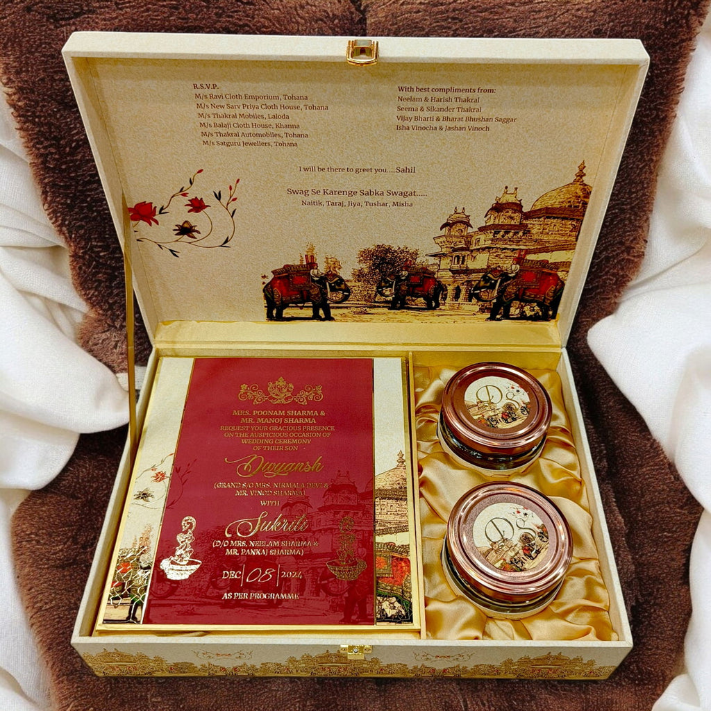 KL2166 Traditional Elephant Fort Theme MDF Wedding Gift Box with Customisable 2 Gold Foil Printed Cards (2 Jars) - Kalash Cards