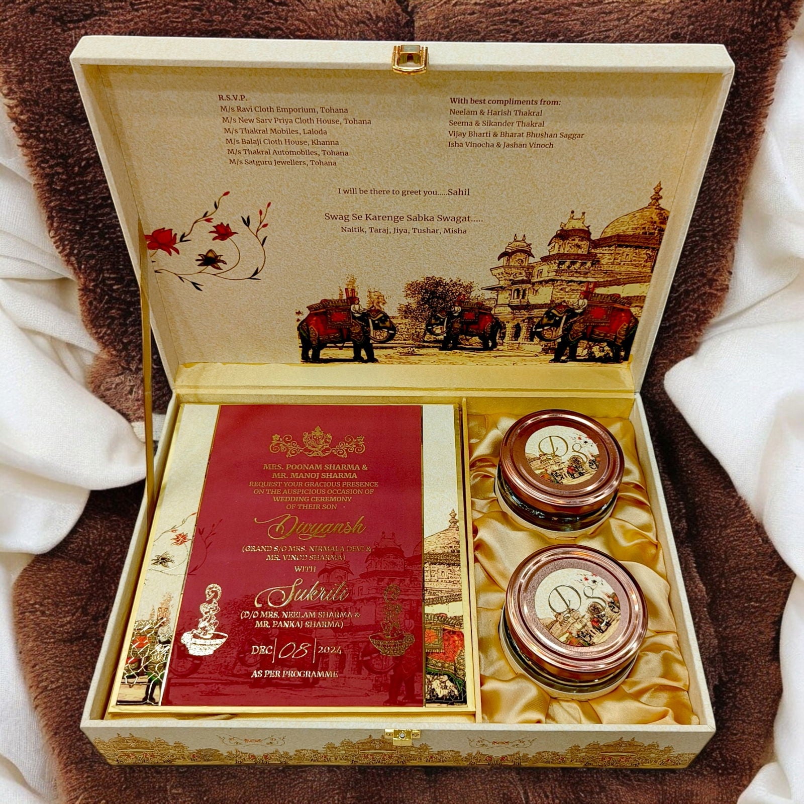 KL2166 Traditional Elephant Fort Theme MDF Wedding Gift Box with Customisable 2 Gold Foil Printed Cards (2 Jars) - Kalash Cards