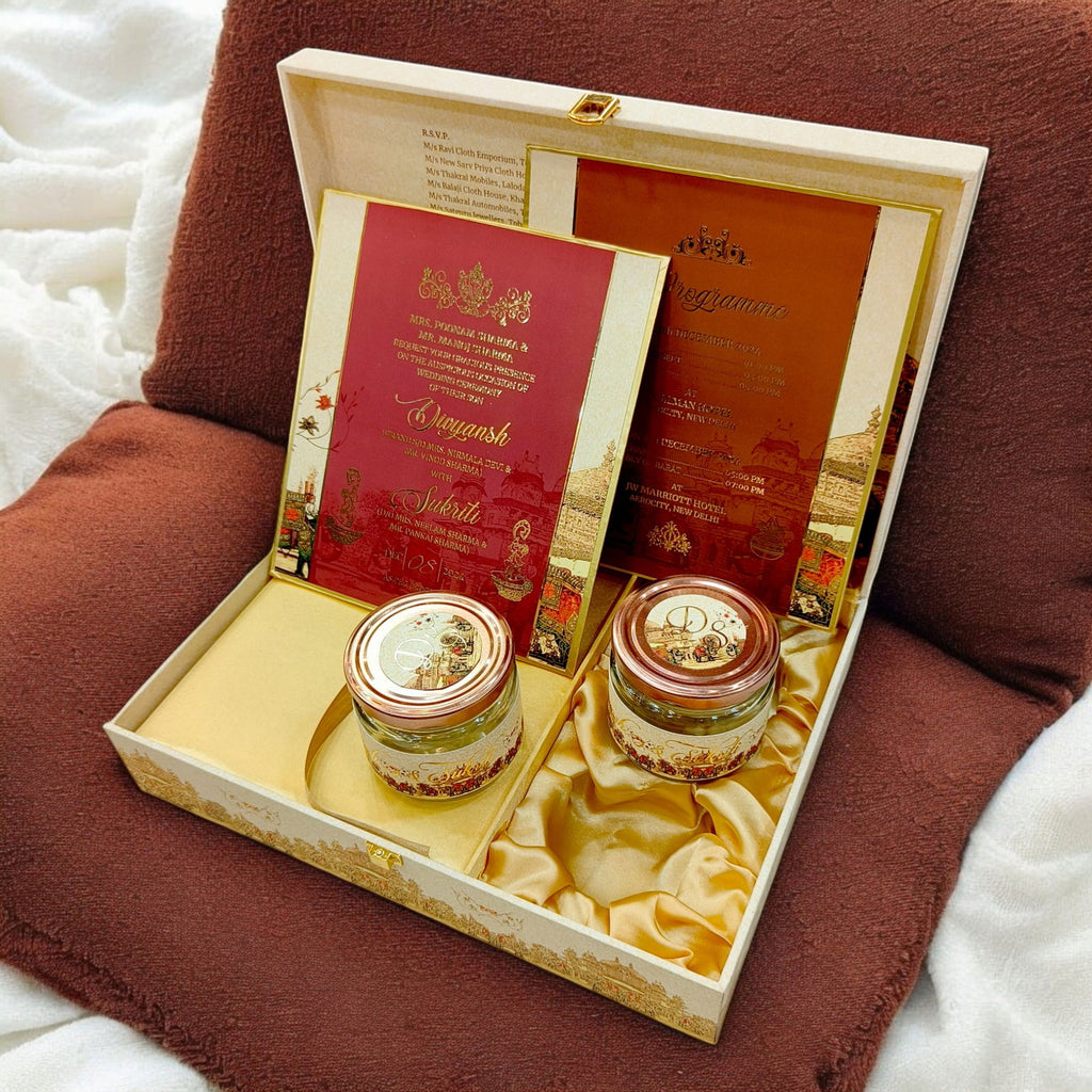 KL2166 Traditional Elephant Fort Theme MDF Wedding Gift Box with Customisable 2 Gold Foil Printed Cards (2 Jars) - Kalash Cards