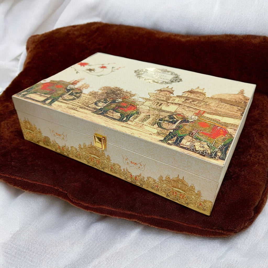 KL2166 Traditional Elephant Fort Theme MDF Wedding Gift Box with Customisable 2 Gold Foil Printed Cards (2 Jars) - Kalash Cards