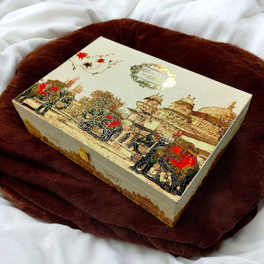 KL2166 Traditional Elephant Fort Theme MDF Wedding Gift Box with Customisable 2 Gold Foil Printed Cards (2 Jars) - Kalash Cards