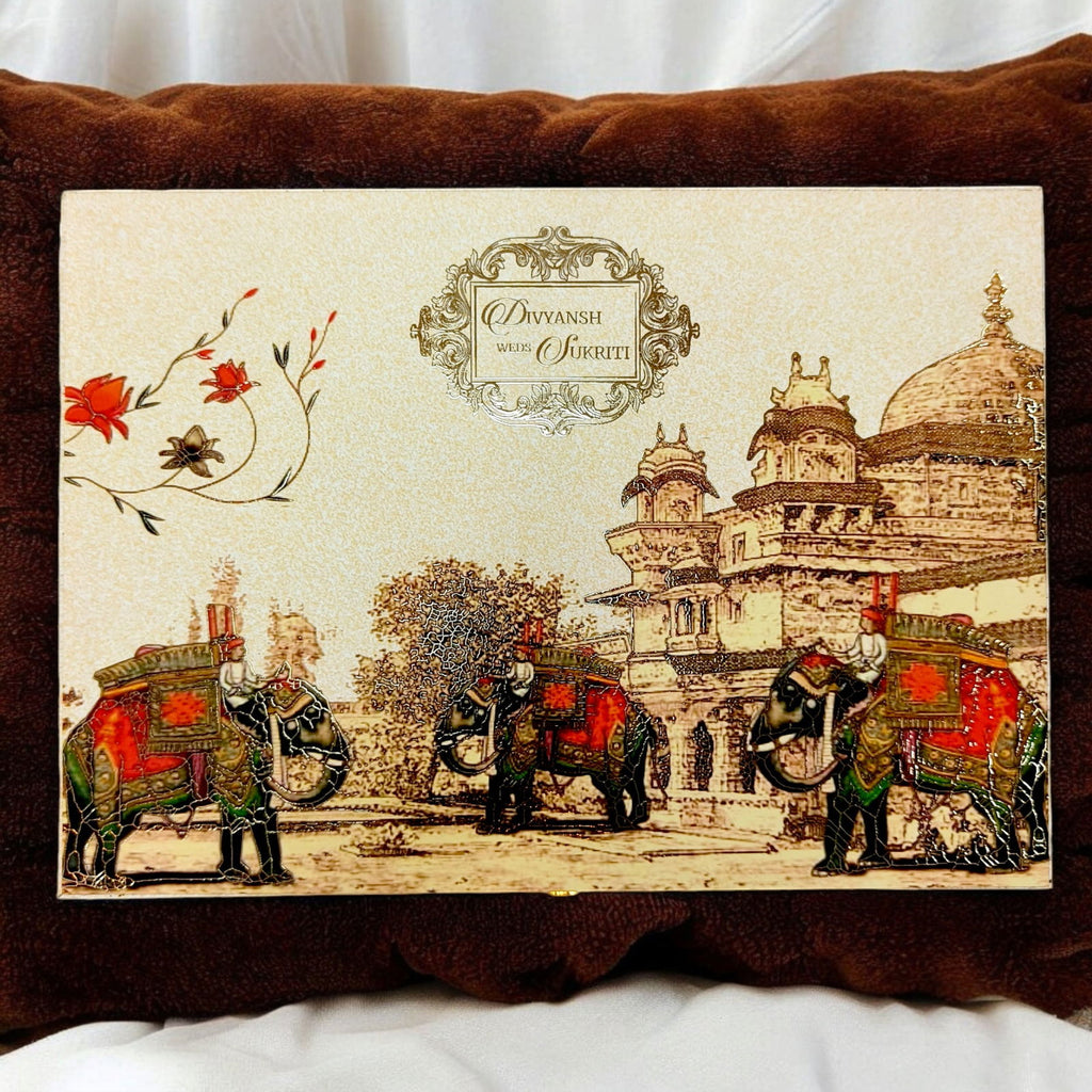 KL2166 Traditional Elephant Fort Theme MDF Wedding Gift Box with Customisable 2 Gold Foil Printed Cards (2 Jars) - Kalash Cards
