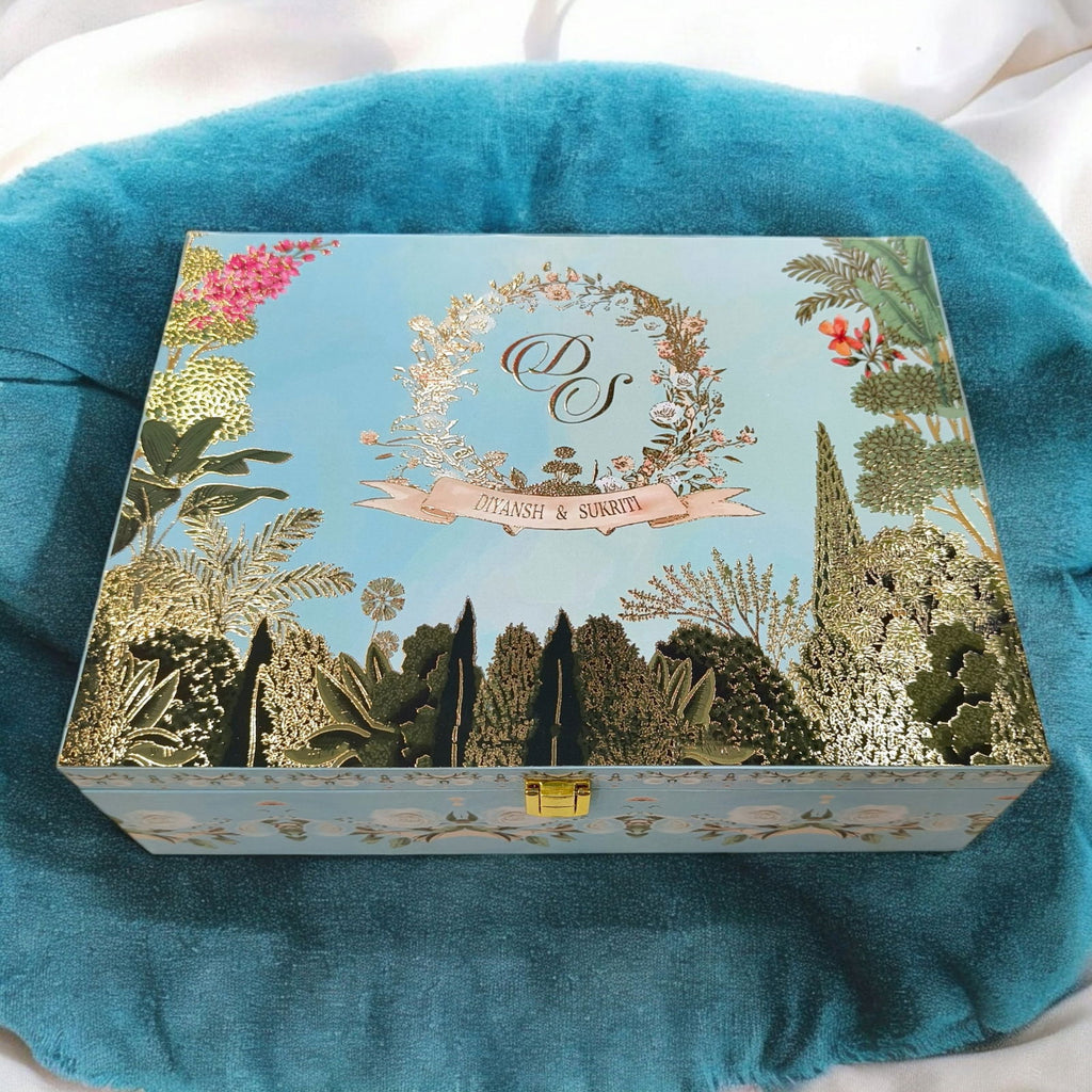 KL2169 Pichwai Theme MDF Wedding Gift Box with Customisable 2 Gold Foil Printed Cards (2 Jars) - Kalash Cards