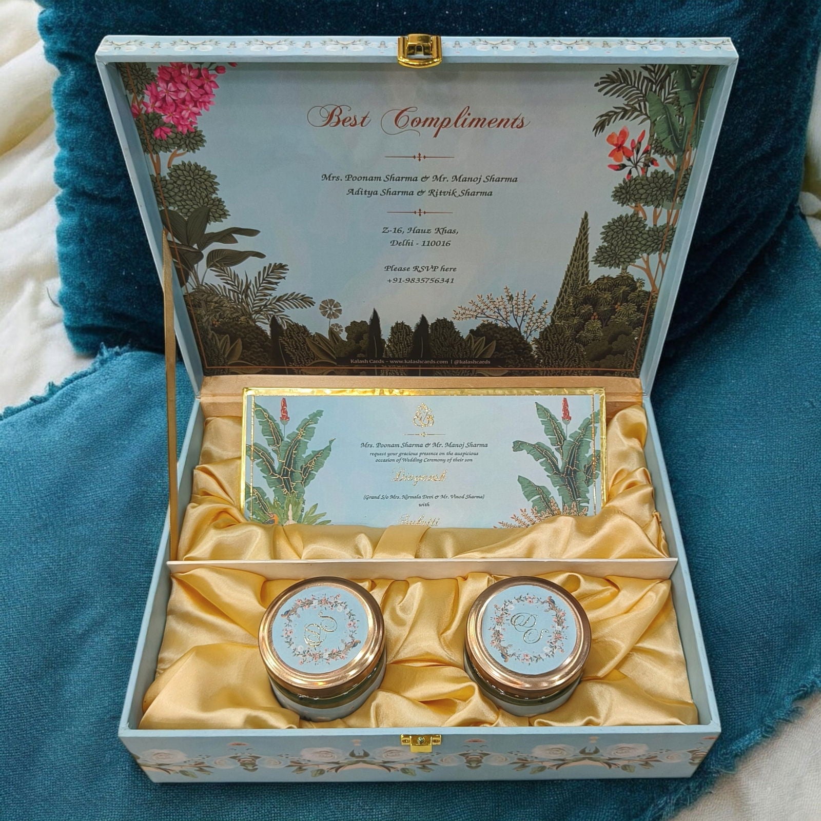 KL2169 Pichwai Theme MDF Wedding Gift Box with Customisable 2 Gold Foil Printed Cards (2 Jars) - Kalash Cards