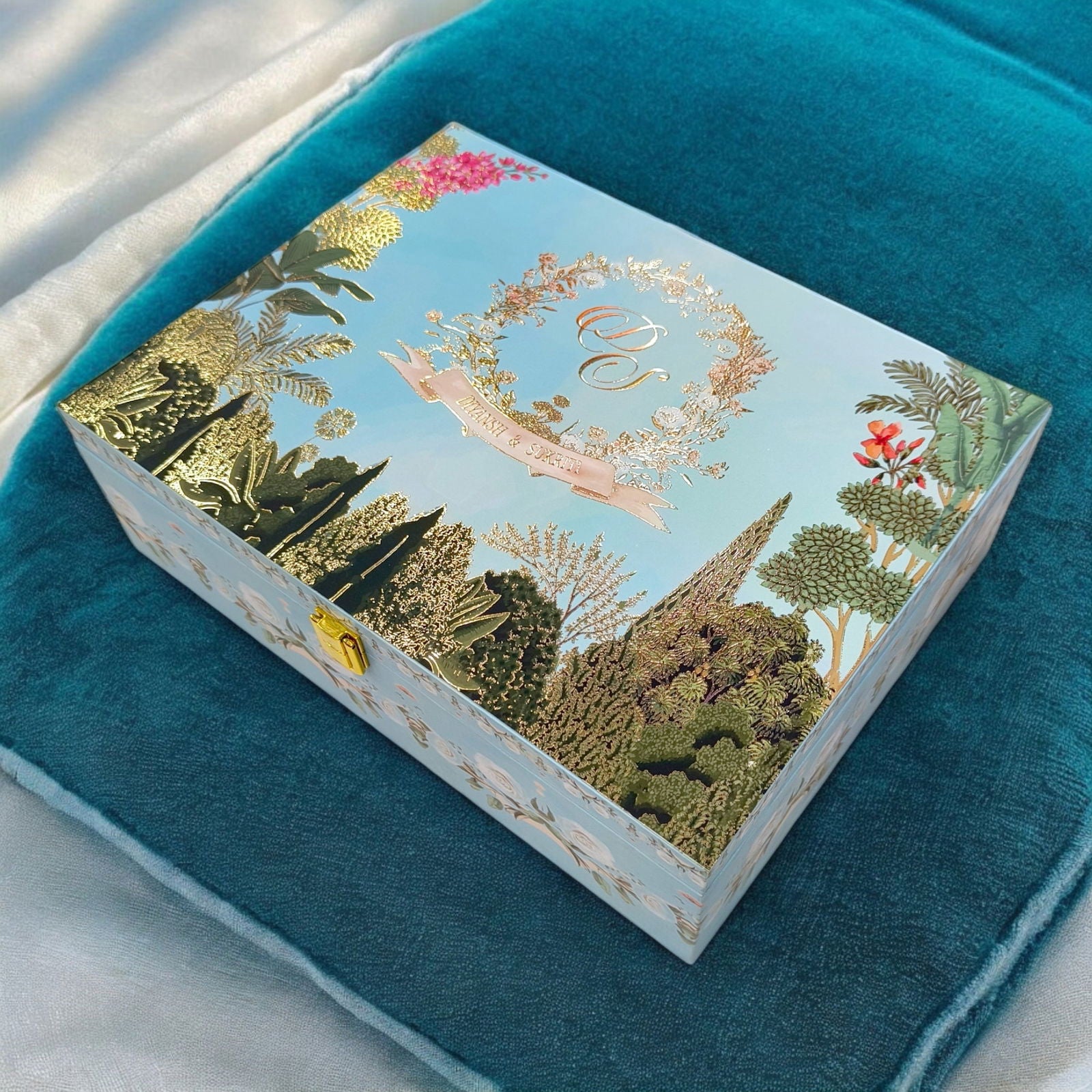 KL2169 Pichwai Theme MDF Wedding Gift Box with Customisable 2 Gold Foil Printed Cards (2 Jars) - Kalash Cards