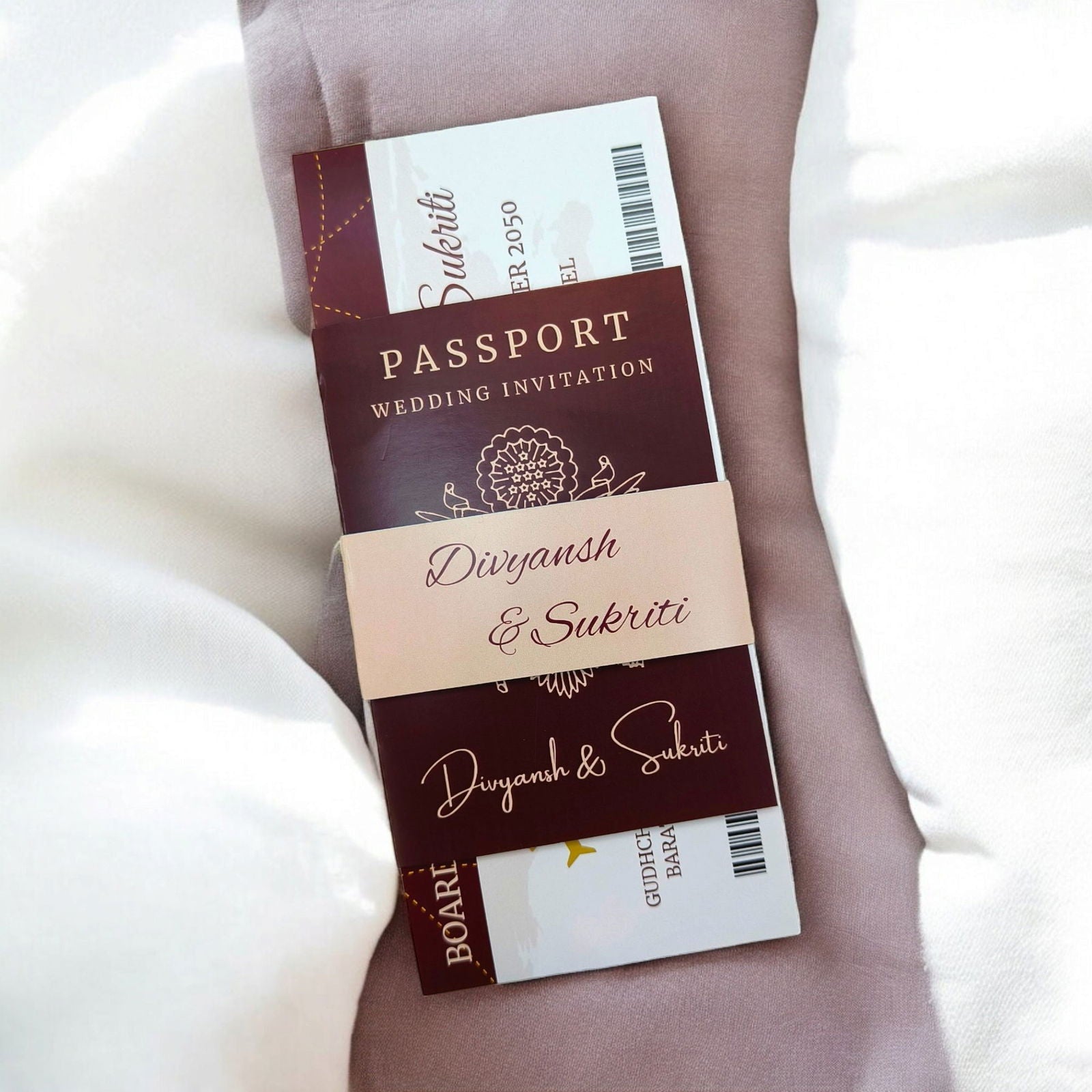 KL2180-1 Passport Wedding Card (1 Paper Passport, 1 Boarding Pass, 1 Band) - Kalash Cards