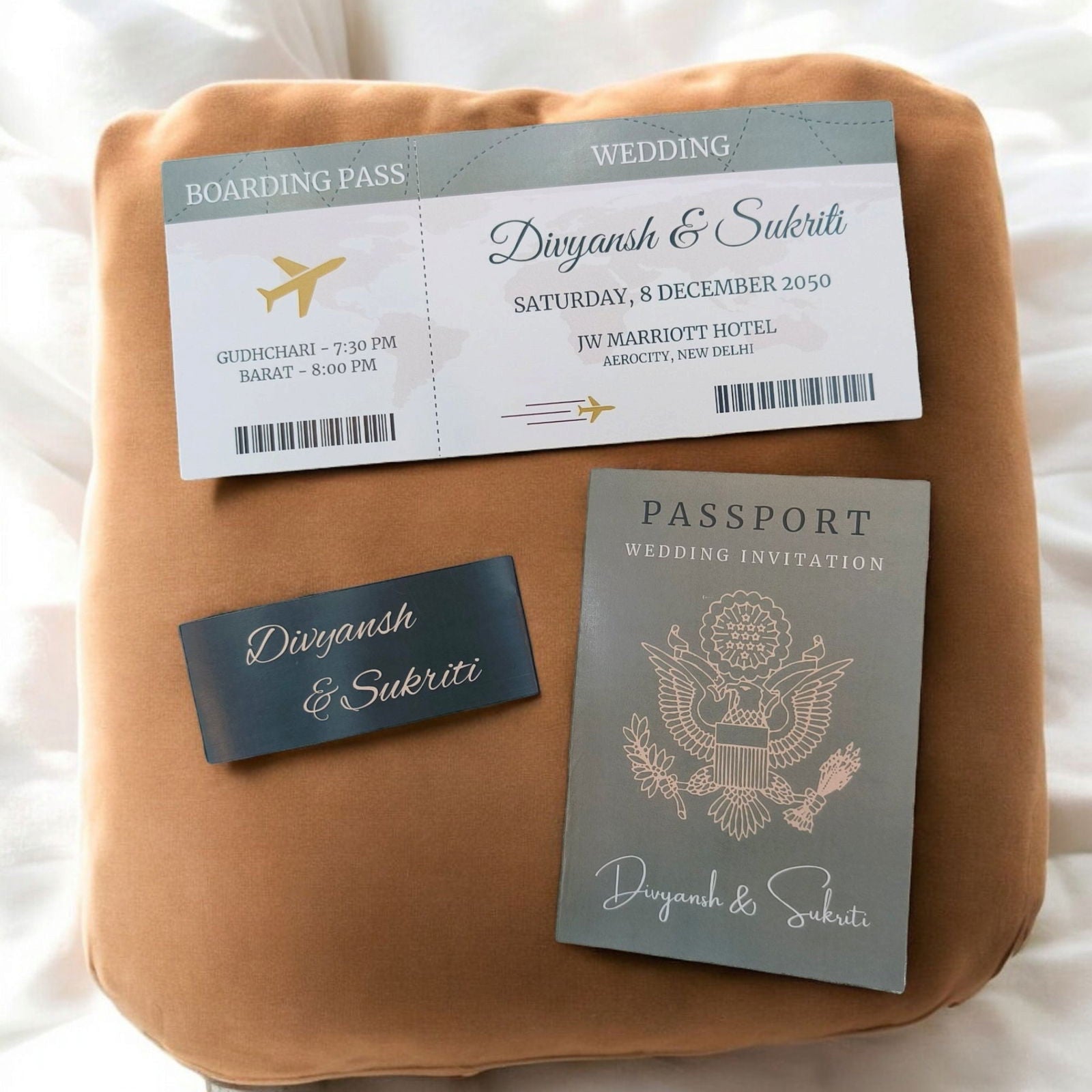 KL2180-2 Passport Wedding Card (1 Paper Passport, 1 Boarding Pass, 1 Band) - Kalash Cards