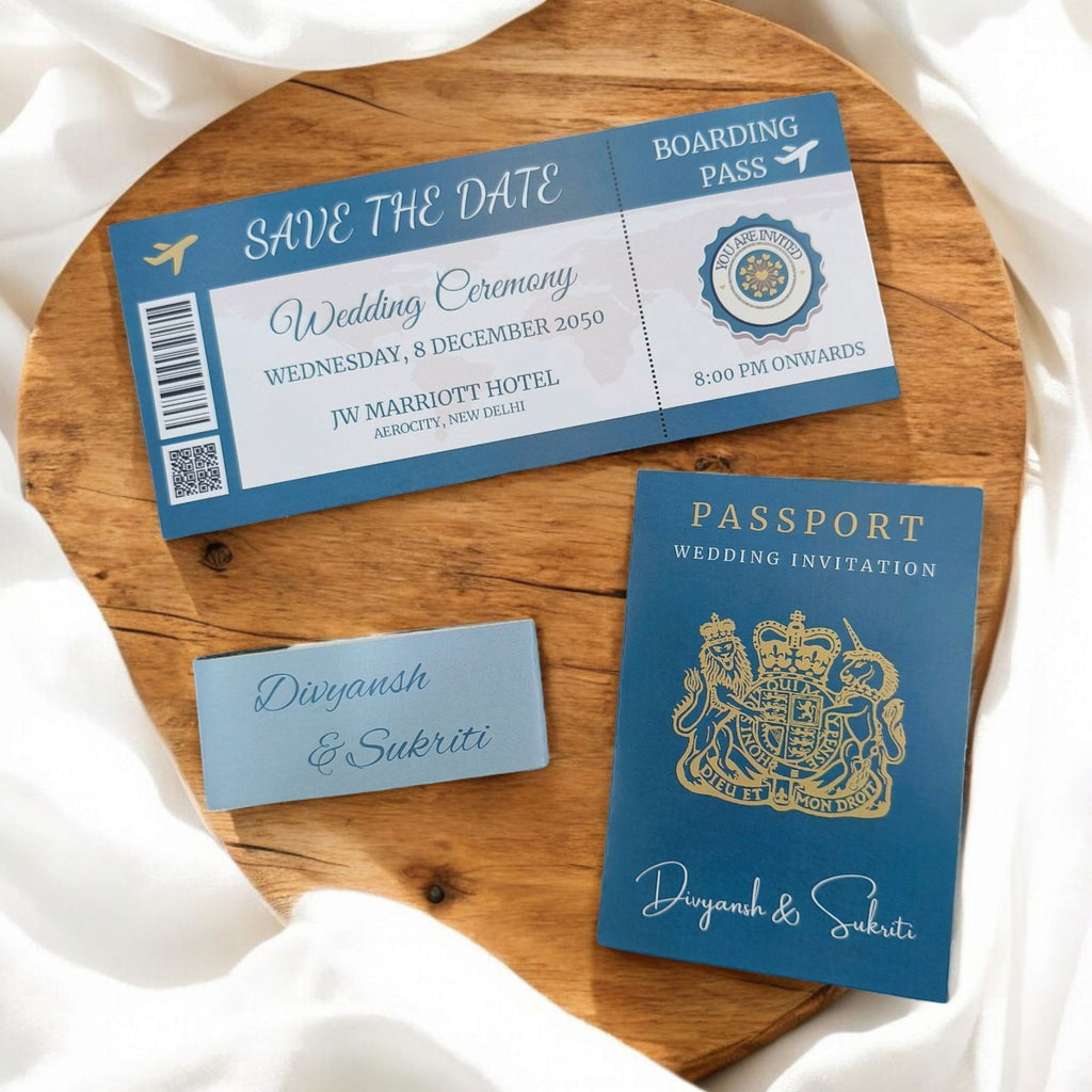 KL2181-2 Passport Wedding Card (1 Paper Passport, 1 Boarding Pass, 1 Band) - Kalash Cards