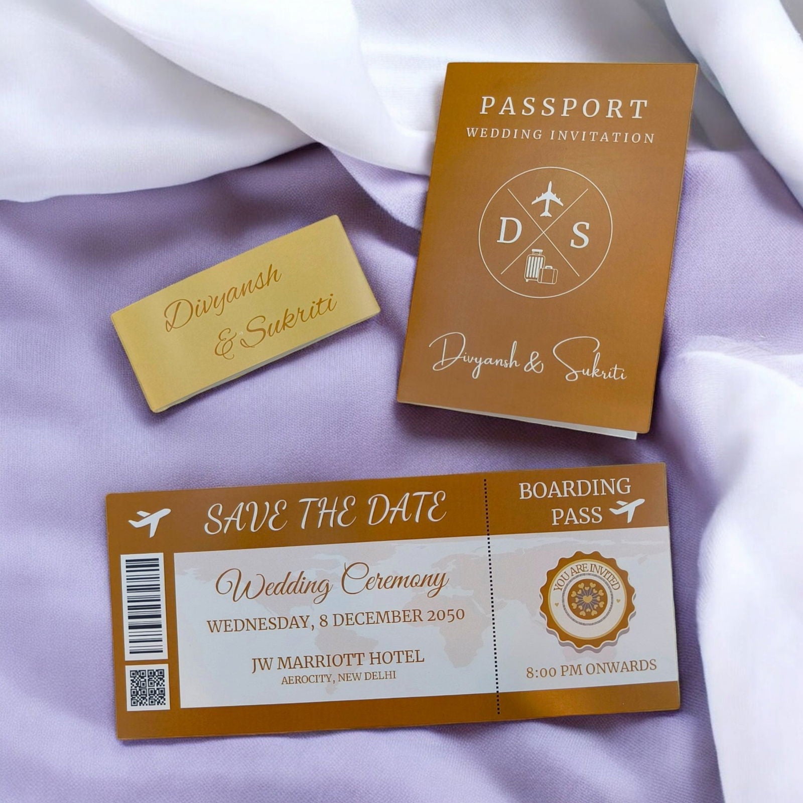 KL2182-2 Passport Wedding Card (1 Paper Passport, 1 Boarding Pass, 1 Band) - Kalash Cards