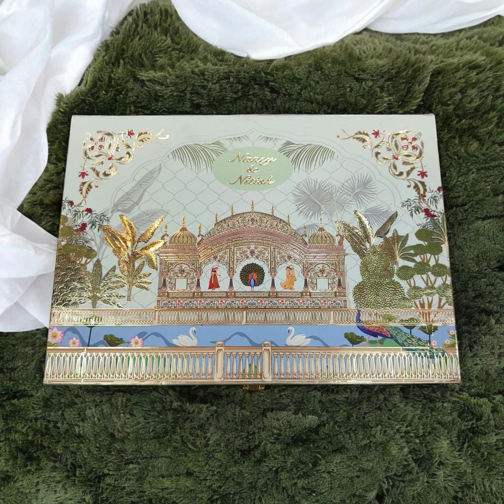 KL2201 Royal Peacock Pichwai Floral Design MDF Wedding Gift Box with Customisable 2 Gold Foil Printed Cards (3 Jars) - Kalash Cards
