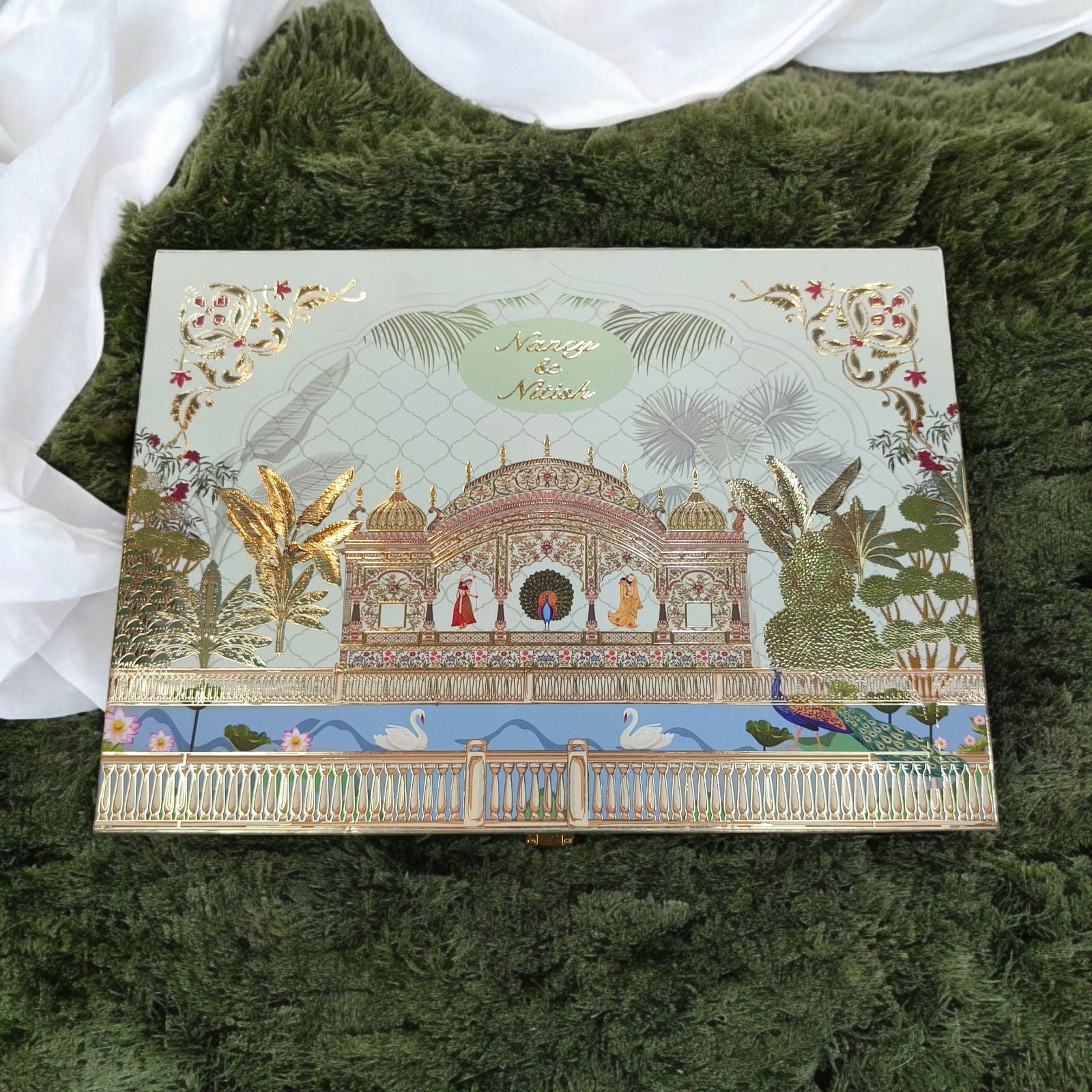 KL2201 Royal Peacock Pichwai Floral Design MDF Wedding Gift Box with Customisable 2 Gold Foil Printed Cards (3 Jars) - Kalash Cards