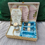 KL2201 Royal Peacock Pichwai Floral Design MDF Wedding Gift Box with Customisable 2 Gold Foil Printed Cards (3 Jars) - Kalash Cards