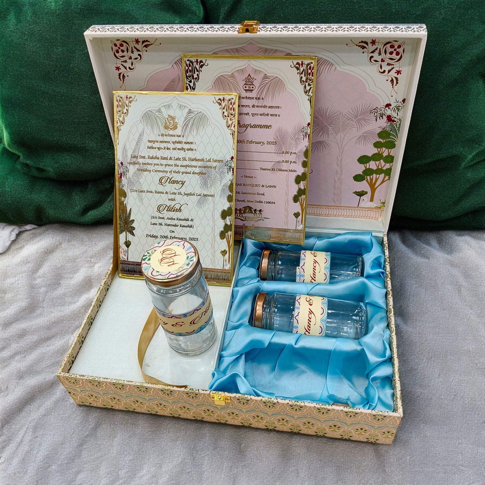 KL2201 Royal Peacock Pichwai Floral Design MDF Wedding Gift Box with Customisable 2 Gold Foil Printed Cards (3 Jars) - Kalash Cards
