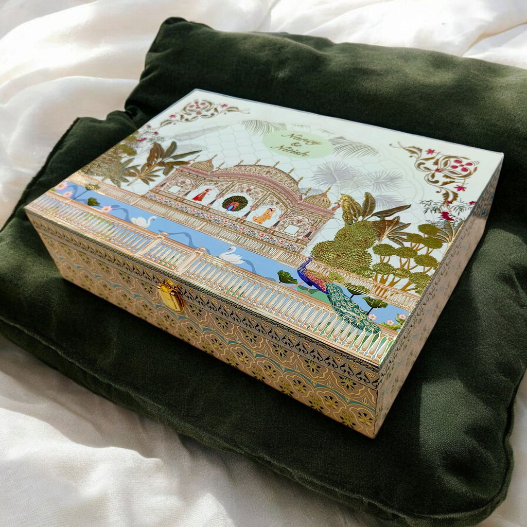 KL2201 Royal Peacock Pichwai Floral Design MDF Wedding Gift Box with Customisable 2 Gold Foil Printed Cards (3 Jars) - Kalash Cards