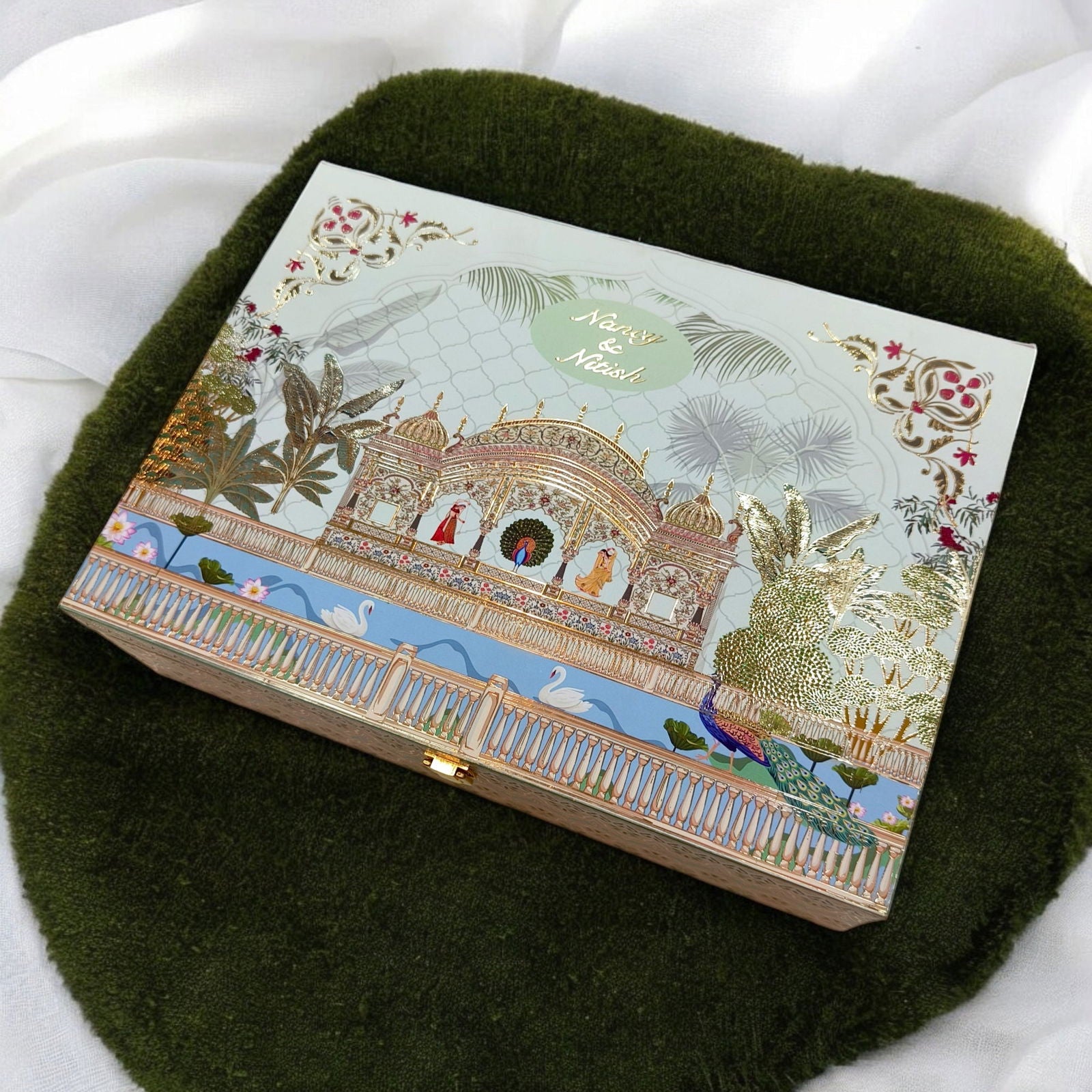 KL2201 Royal Peacock Pichwai Floral Design MDF Wedding Gift Box with Customisable 2 Gold Foil Printed Cards (3 Jars) - Kalash Cards