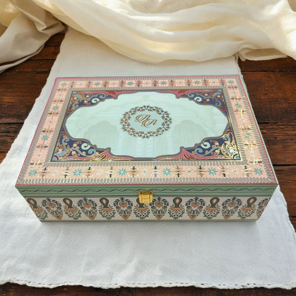 KL2205 Traditional Mandala Design MDF Wedding Gift Box with Customisable 2 Gold Foil Printed Cards and Ganpati Murti (2 Jars) - Kalash Cards