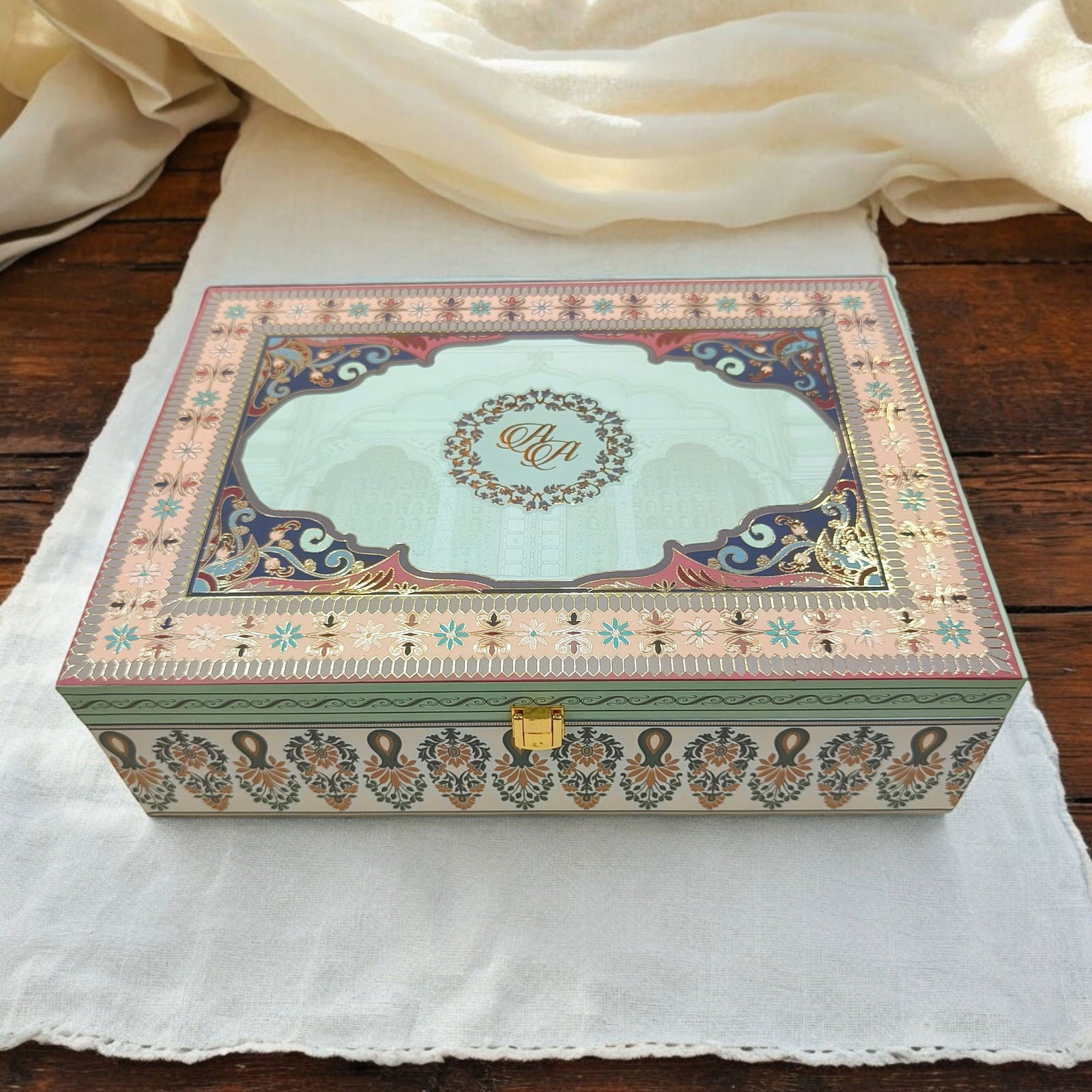 KL2205 Traditional Mandala Design MDF Wedding Gift Box with Customisable 2 Gold Foil Printed Cards and Ganpati Murti (2 Jars) - Kalash Cards