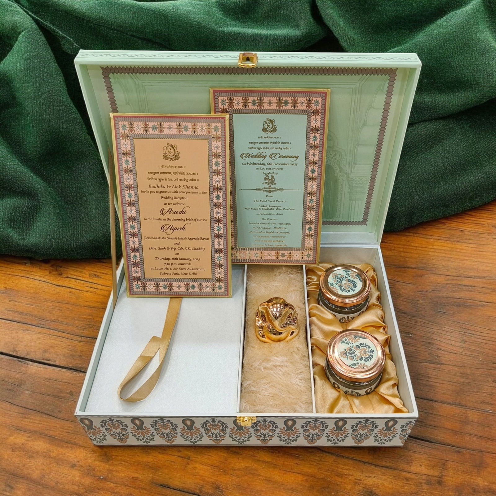 KL2205 Traditional Mandala Design MDF Wedding Gift Box with Customisable 2 Gold Foil Printed Cards and Ganpati Murti (2 Jars) - Kalash Cards