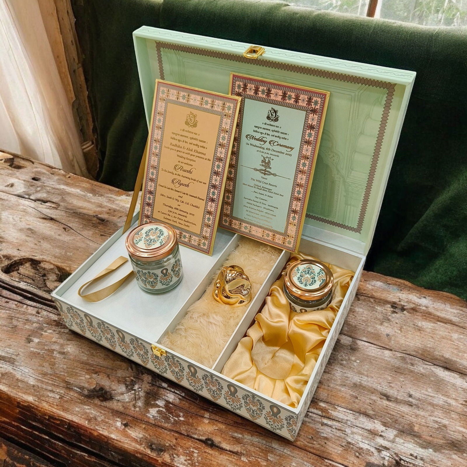 KL2205 Traditional Mandala Design MDF Wedding Gift Box with Customisable 2 Gold Foil Printed Cards and Ganpati Murti (2 Jars) - Kalash Cards