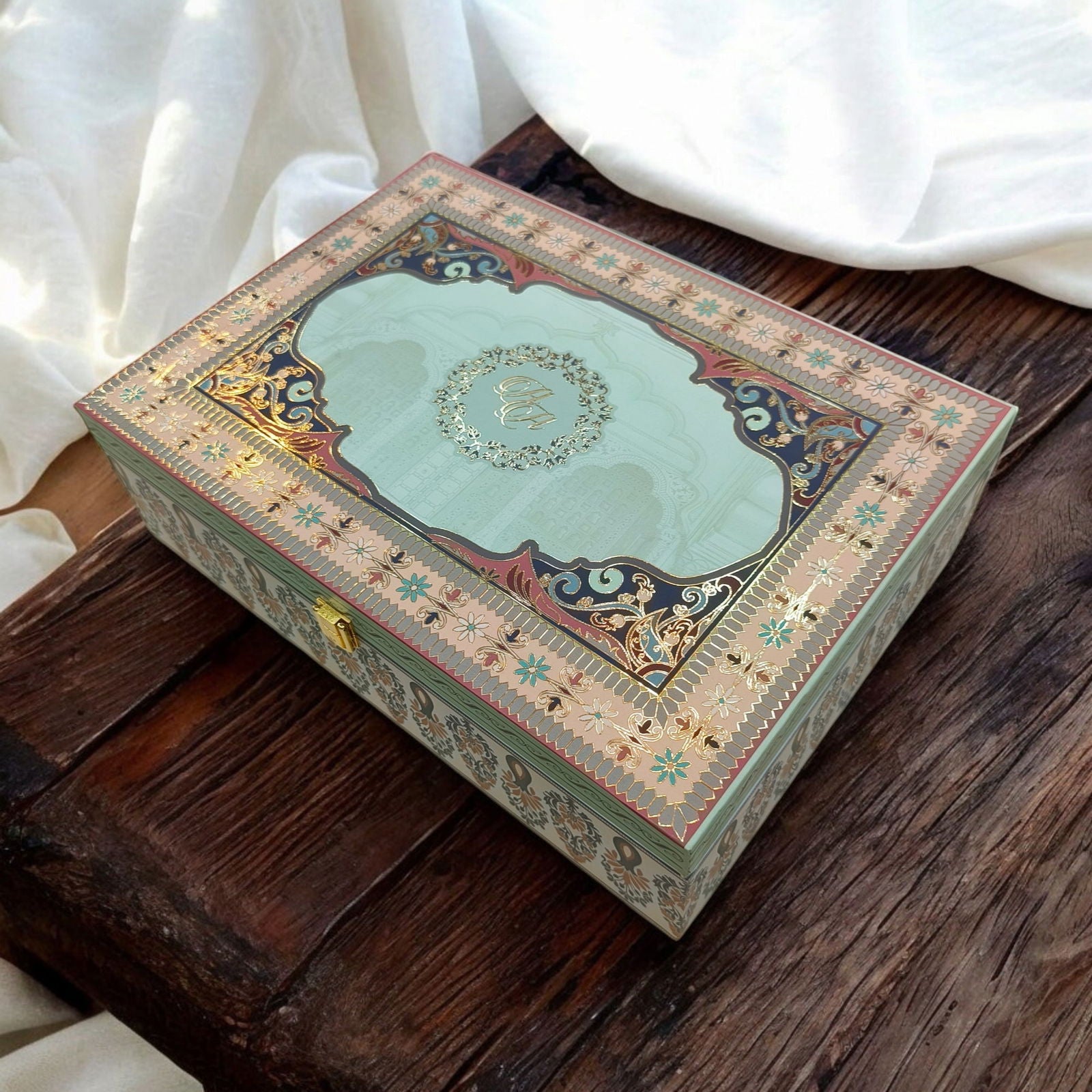 KL2205 Traditional Mandala Design MDF Wedding Gift Box with Customisable 2 Gold Foil Printed Cards and Ganpati Murti (2 Jars) - Kalash Cards