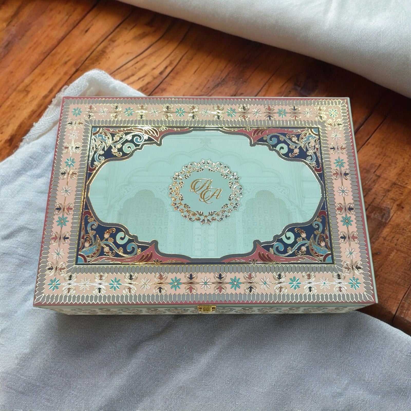 KL2205 Traditional Mandala Design MDF Wedding Gift Box with Customisable 2 Gold Foil Printed Cards and Ganpati Murti (2 Jars) - Kalash Cards