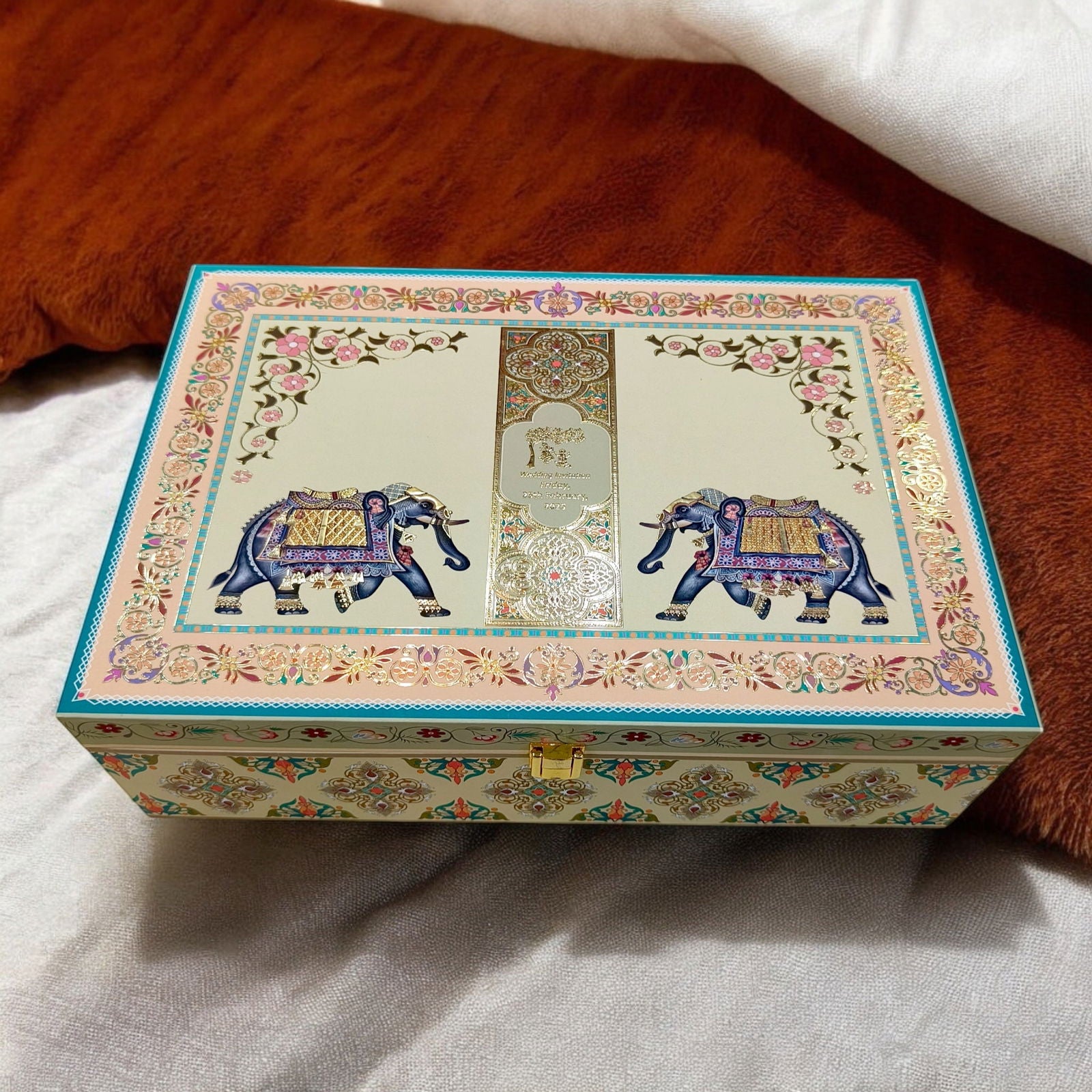 KL2206 Traditional Elephant Design MDF Wedding Gift Box with Customisable 2 Gold Foil Printed Cards (2 Jars) - Kalash Cards