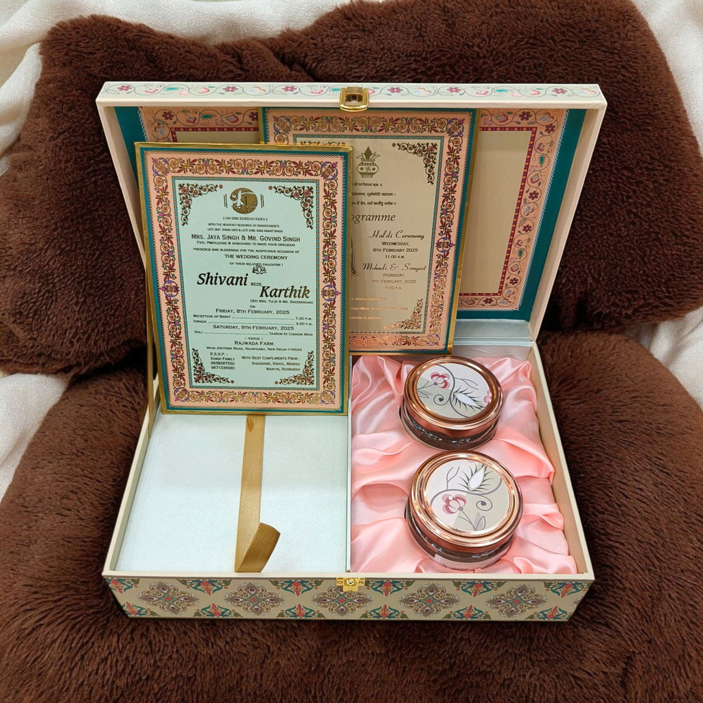 KL2206 Traditional Elephant Design MDF Wedding Gift Box with Customisable 2 Gold Foil Printed Cards (2 Jars) - Kalash Cards
