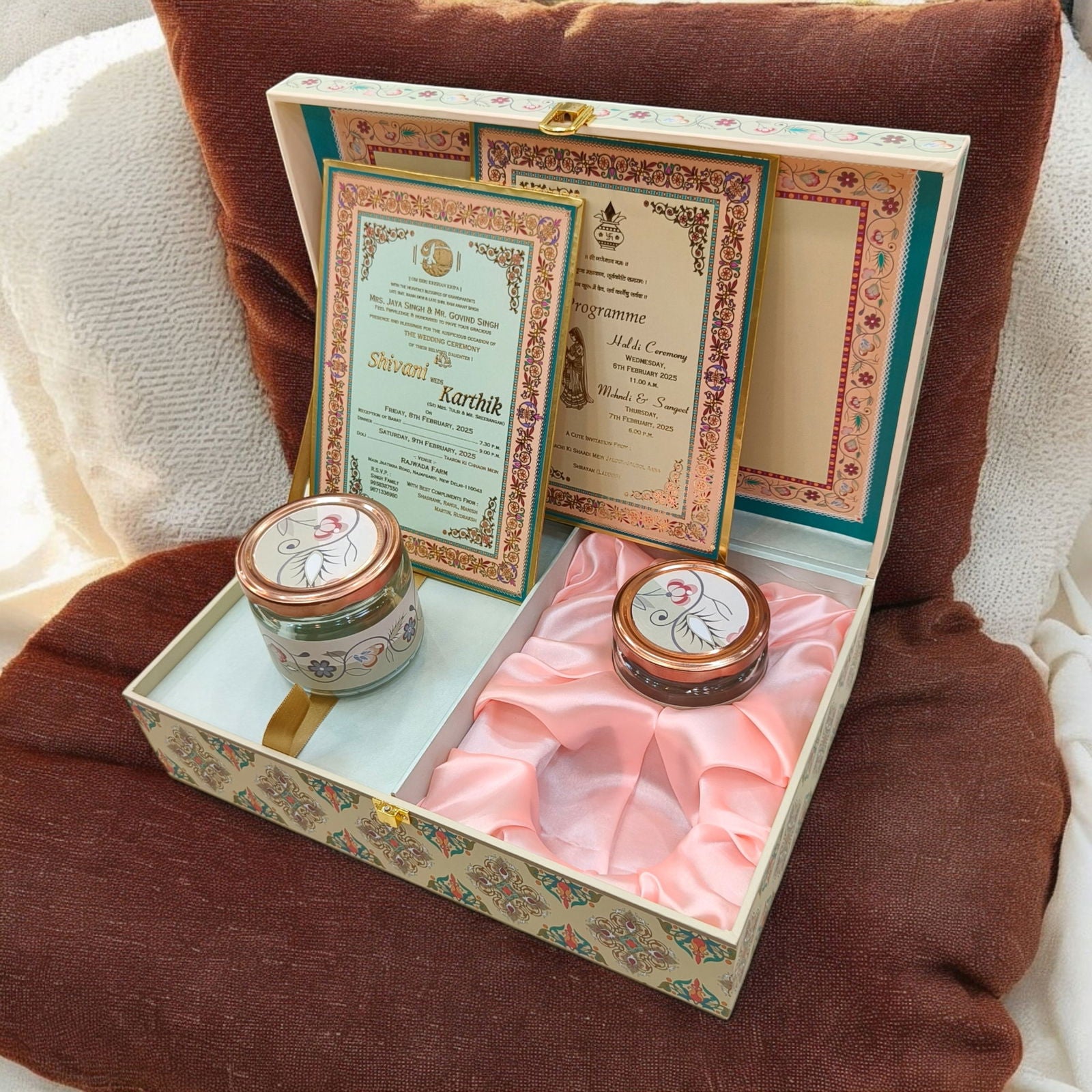 KL2206 Traditional Elephant Design MDF Wedding Gift Box with Customisable 2 Gold Foil Printed Cards (2 Jars) - Kalash Cards