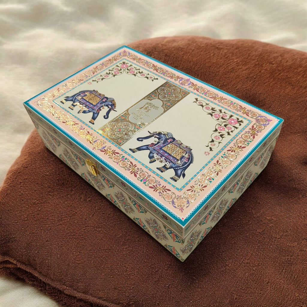 KL2206 Traditional Elephant Design MDF Wedding Gift Box with Customisable 2 Gold Foil Printed Cards (2 Jars) - Kalash Cards