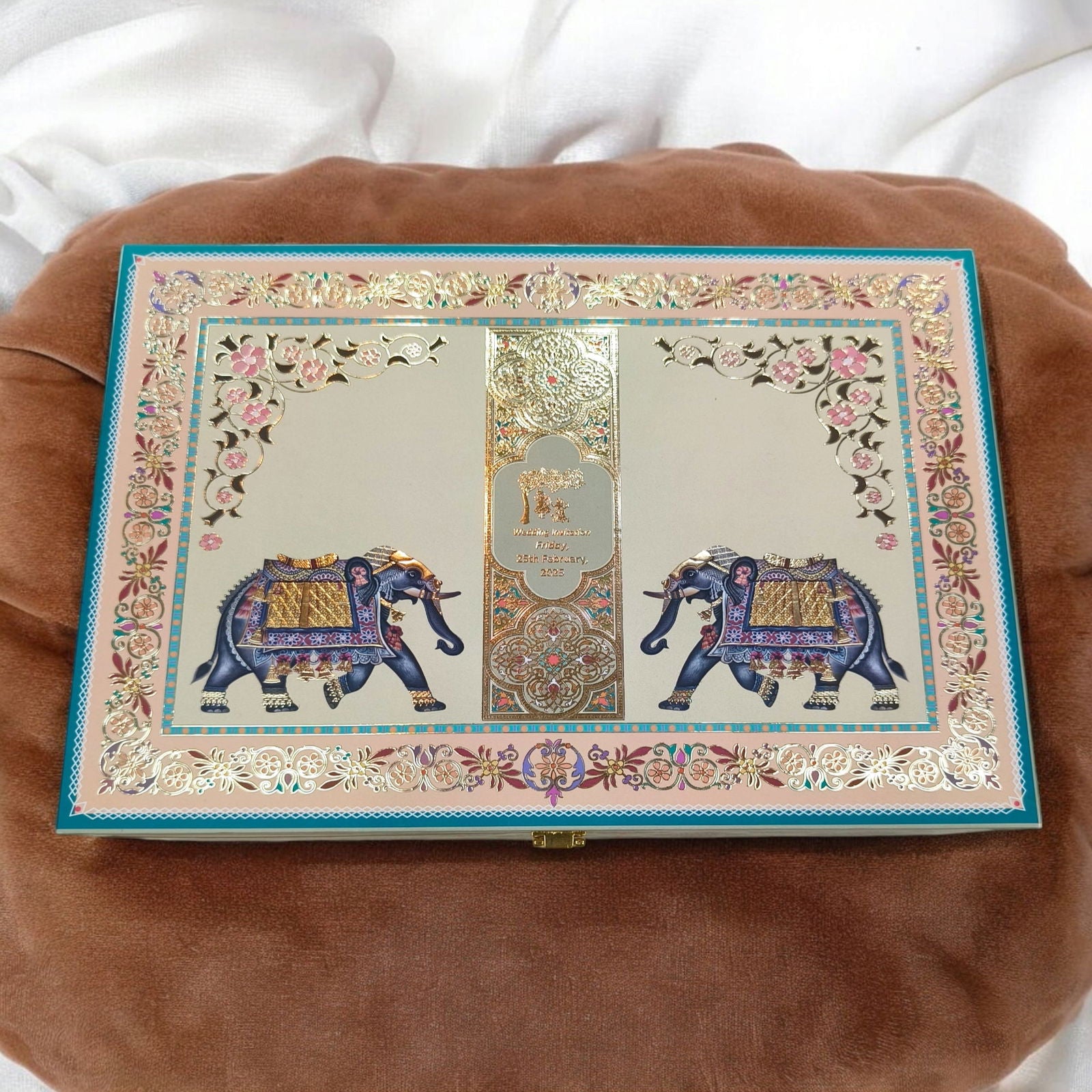 KL2206 Traditional Elephant Design MDF Wedding Gift Box with Customisable 2 Gold Foil Printed Cards (2 Jars) - Kalash Cards