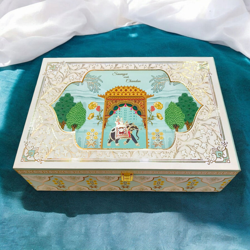 KL2207 Royal Elephant Pichwai Floral Design MDF Wedding Gift Box with Customisable 2 Gold Foil Printed Cards (4 Jars) - Kalash Cards