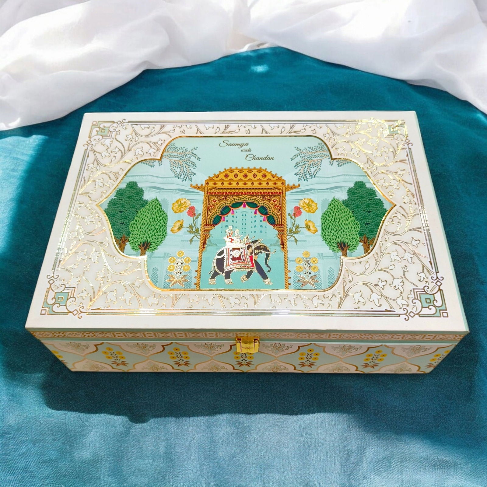 KL2207 Royal Elephant Pichwai Floral Design MDF Wedding Gift Box with Customisable 2 Gold Foil Printed Cards (4 Jars) - Kalash Cards