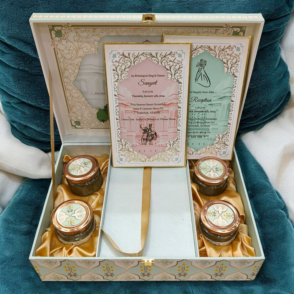 KL2207 Royal Elephant Pichwai Floral Design MDF Wedding Gift Box with Customisable 2 Gold Foil Printed Cards (4 Jars) - Kalash Cards