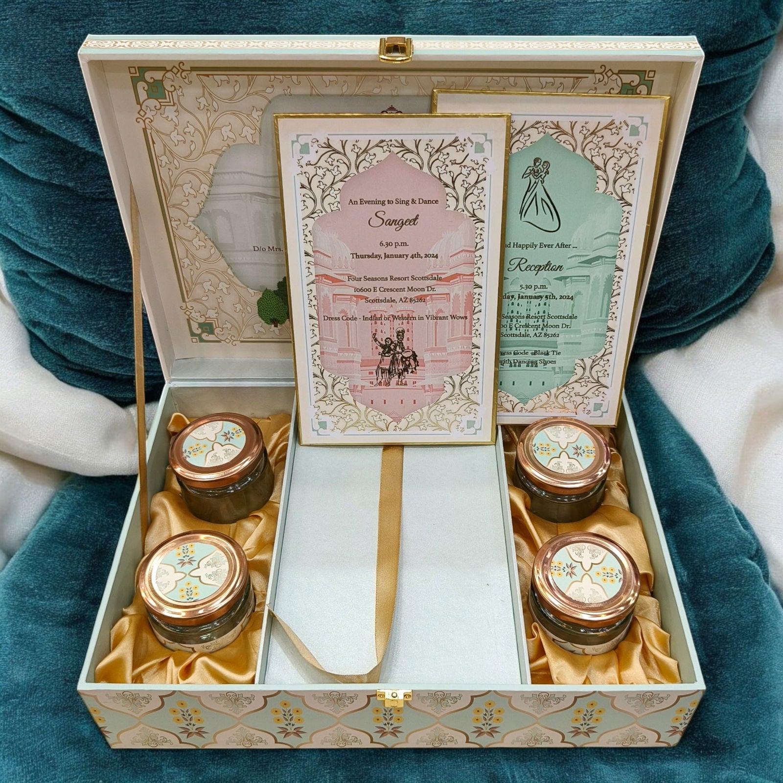 KL2207 Royal Elephant Pichwai Floral Design MDF Wedding Gift Box with Customisable 2 Gold Foil Printed Cards (4 Jars) - Kalash Cards