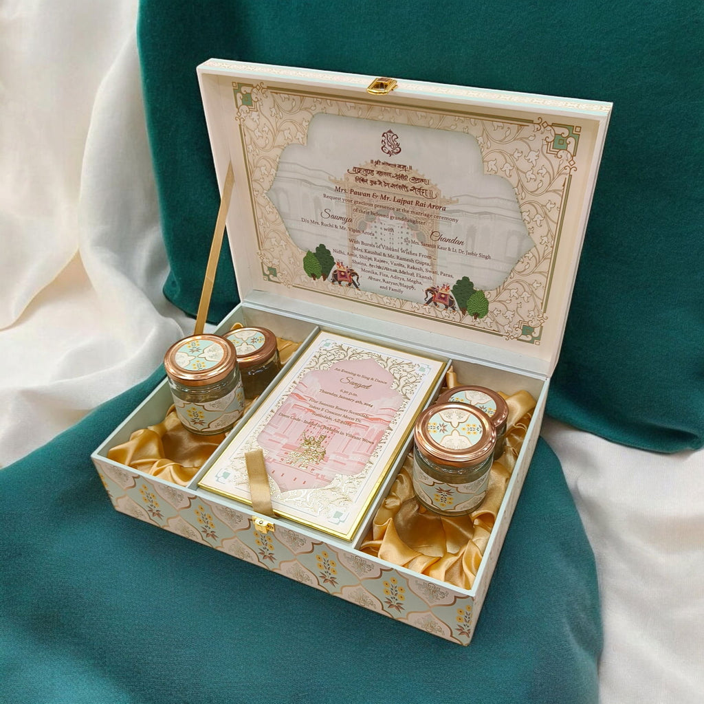KL2207 Royal Elephant Pichwai Floral Design MDF Wedding Gift Box with Customisable 2 Gold Foil Printed Cards (4 Jars) - Kalash Cards