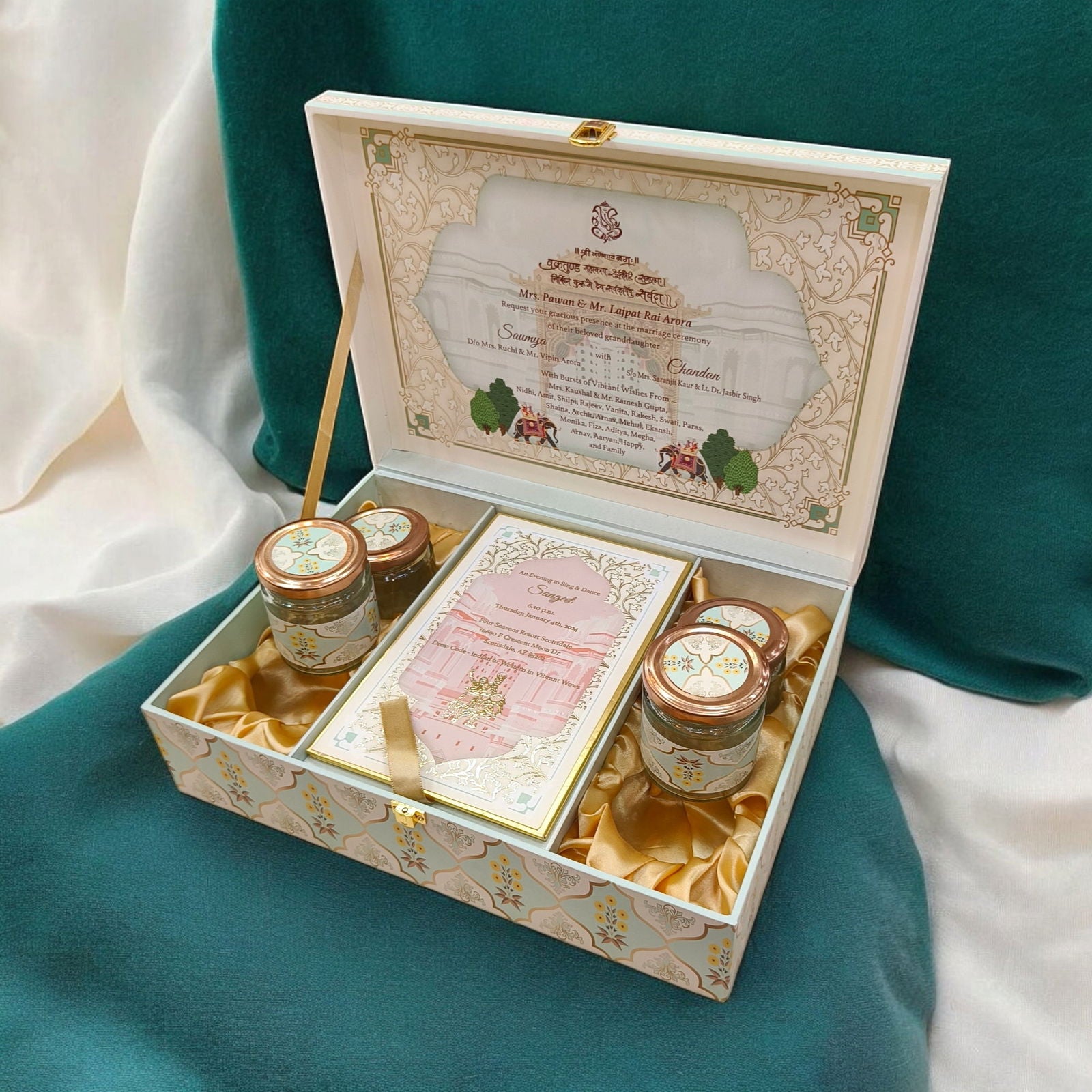 KL2207 Royal Elephant Pichwai Floral Design MDF Wedding Gift Box with Customisable 2 Gold Foil Printed Cards (4 Jars) - Kalash Cards