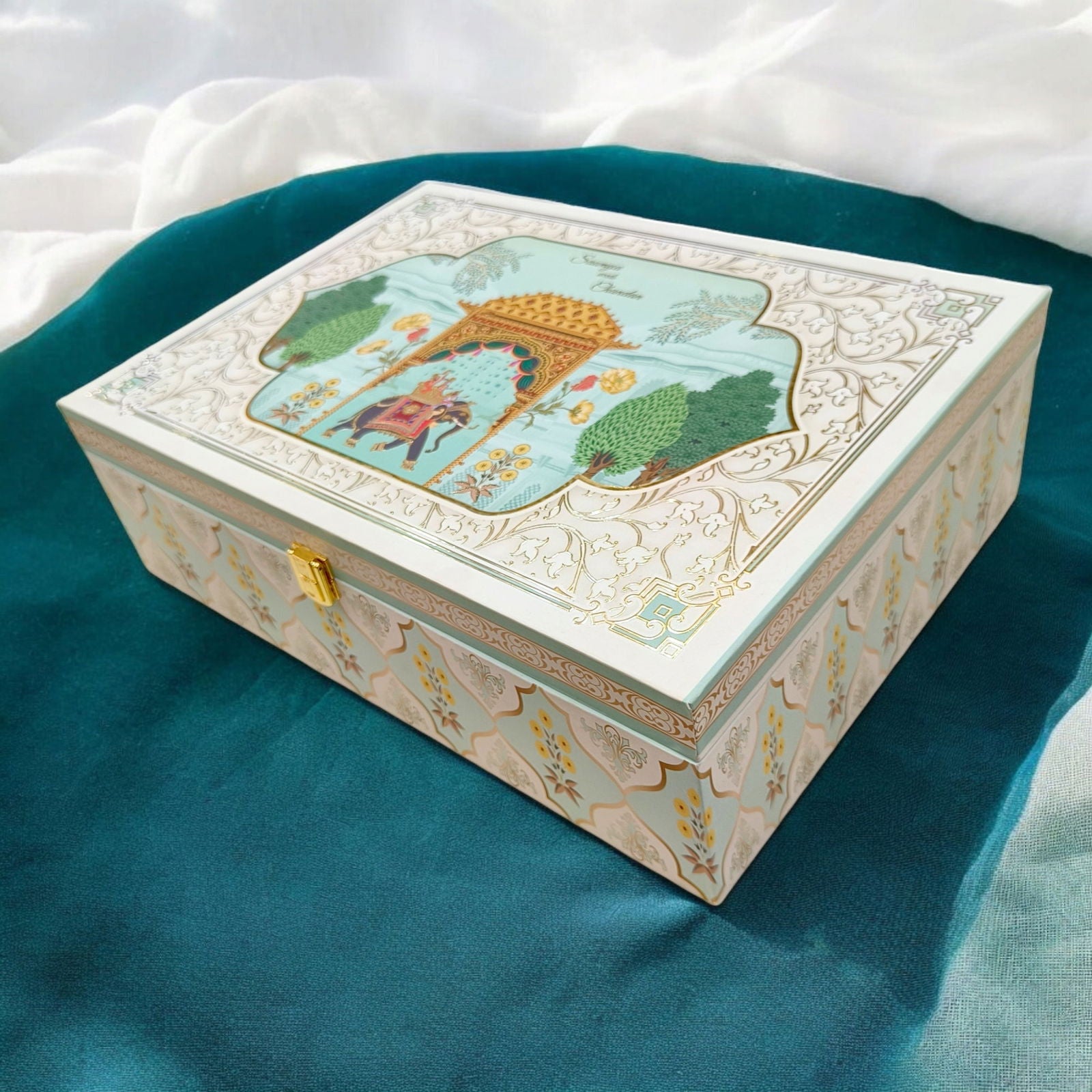 KL2207 Royal Elephant Pichwai Floral Design MDF Wedding Gift Box with Customisable 2 Gold Foil Printed Cards (4 Jars) - Kalash Cards