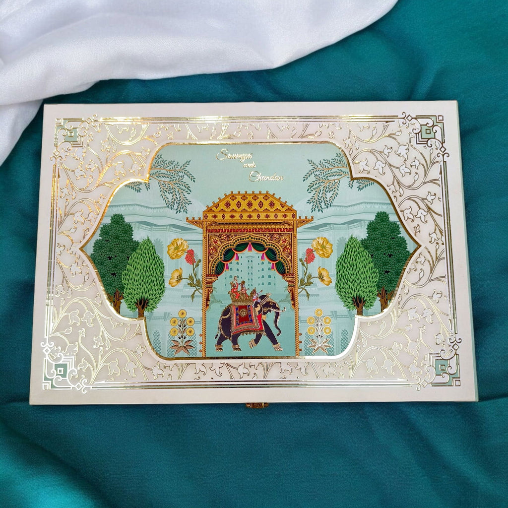 KL2207 Royal Elephant Pichwai Floral Design MDF Wedding Gift Box with Customisable 2 Gold Foil Printed Cards (4 Jars) - Kalash Cards