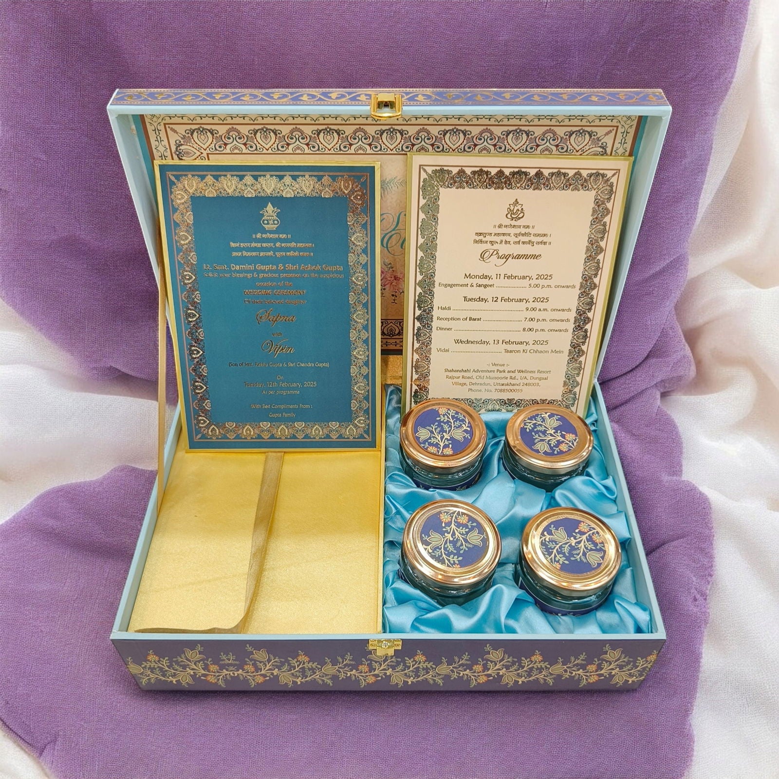 KL2208 Traditional Indian Border Design MDF Wedding Gift Box with Customisable 2 Gold Foil Printed Cards (4 Jars) - Kalash Cards