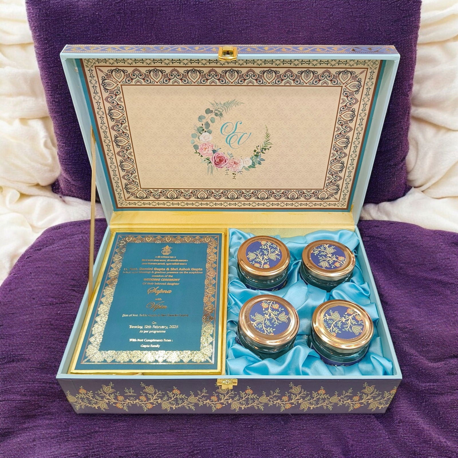 KL2208 Traditional Indian Border Design MDF Wedding Gift Box with Customisable 2 Gold Foil Printed Cards (4 Jars) - Kalash Cards