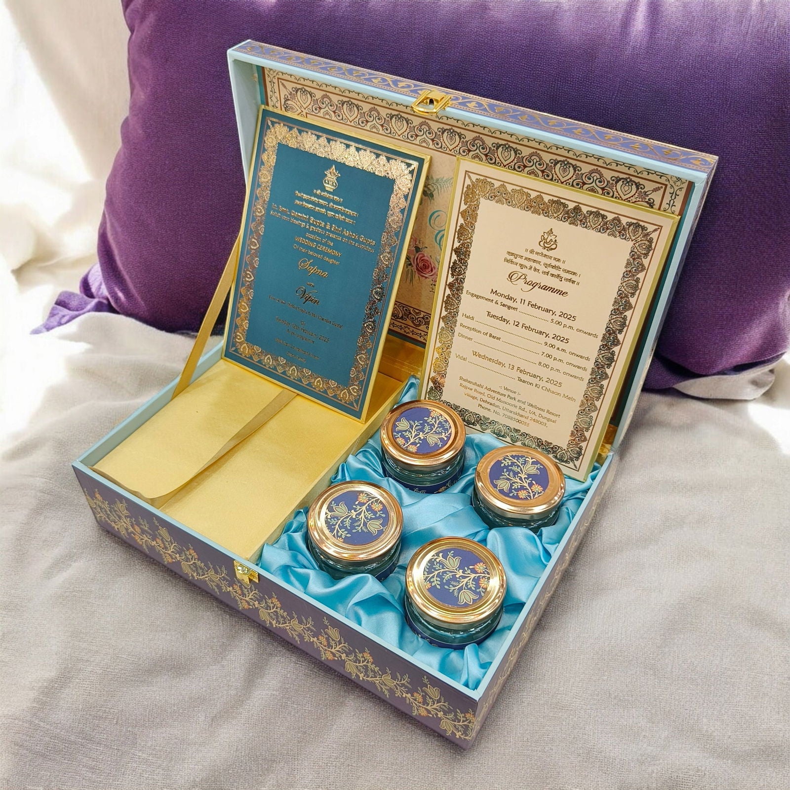 KL2208 Traditional Indian Border Design MDF Wedding Gift Box with Customisable 2 Gold Foil Printed Cards (4 Jars) - Kalash Cards