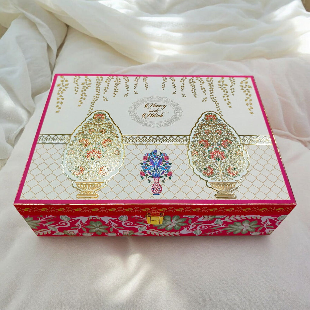 KL2209 Royal Flower Design MDF Wedding Gift Box with Customisable 2 Printed Cards (2 Jars) - Kalash Cards