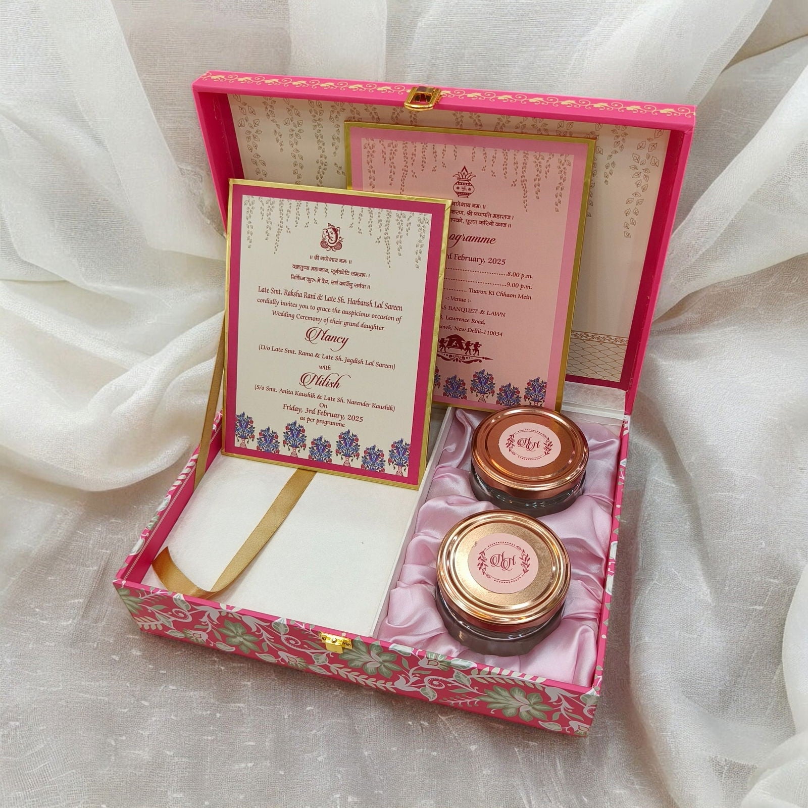 KL2209 Royal Flower Design MDF Wedding Gift Box with Customisable 2 Printed Cards (2 Jars) - Kalash Cards