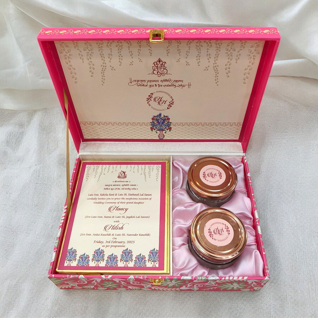 KL2209 Royal Flower Design MDF Wedding Gift Box with Customisable 2 Printed Cards (2 Jars) - Kalash Cards
