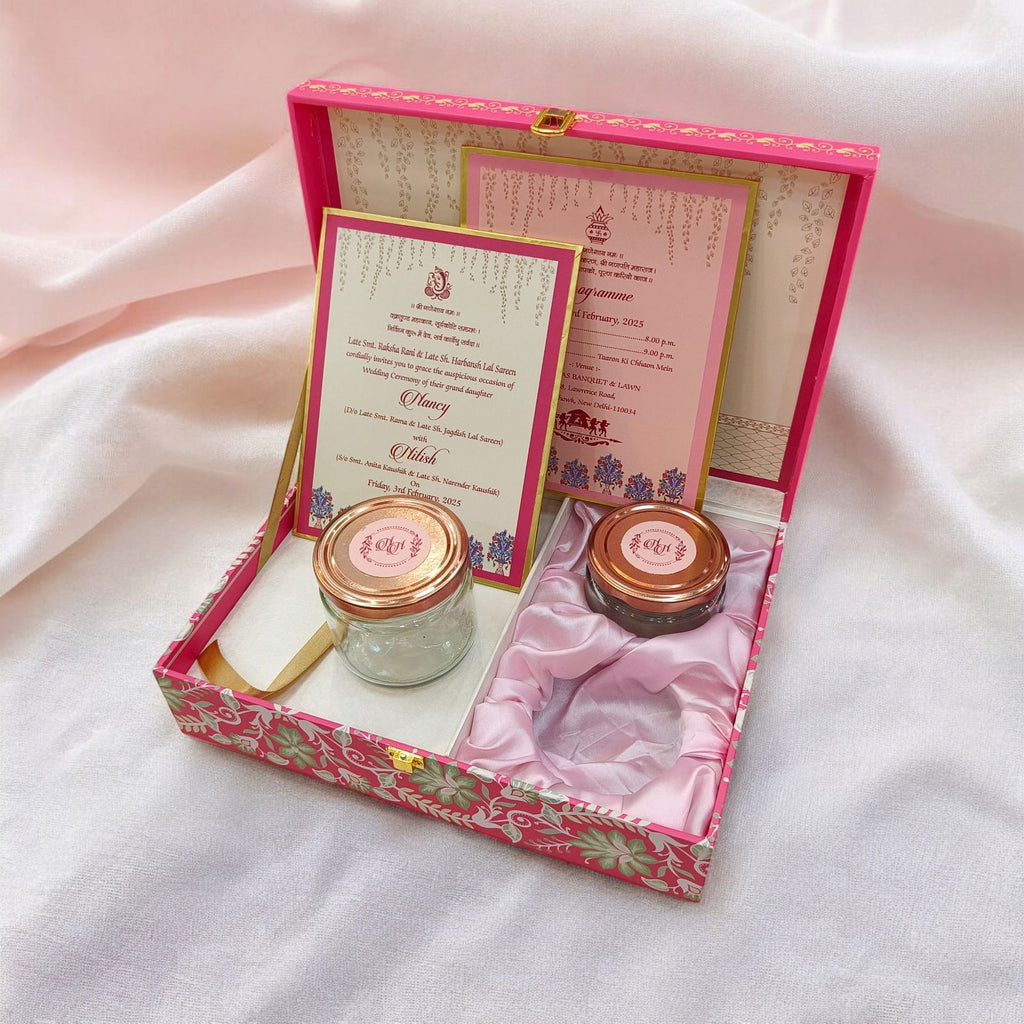 KL2209 Royal Flower Design MDF Wedding Gift Box with Customisable 2 Printed Cards (2 Jars) - Kalash Cards