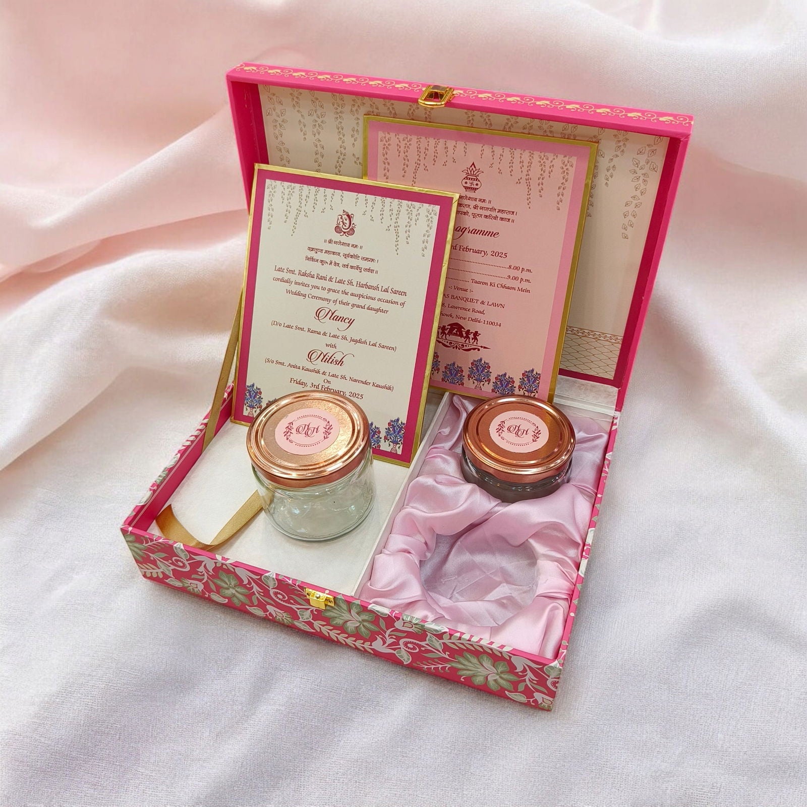 KL2209 Royal Flower Design MDF Wedding Gift Box with Customisable 2 Printed Cards (2 Jars) - Kalash Cards